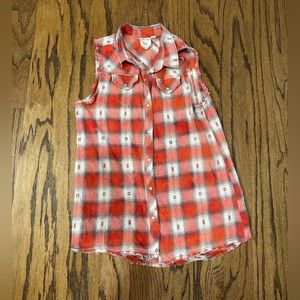 Size medium, orange and white plaid, sleeveless, pearl snap shirt